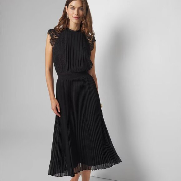 WHBM $200 Cap Sleeve Lace Detail Pleated Midi Dress Black 8 12 - Picture 2 of 11